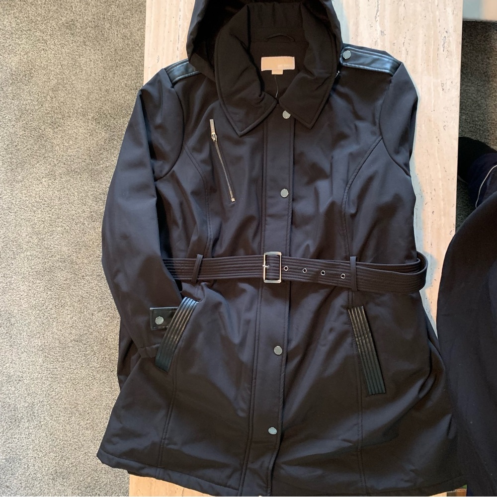 Michael Kors 2X belted trench lined raincoat faux leather trim zip snaps